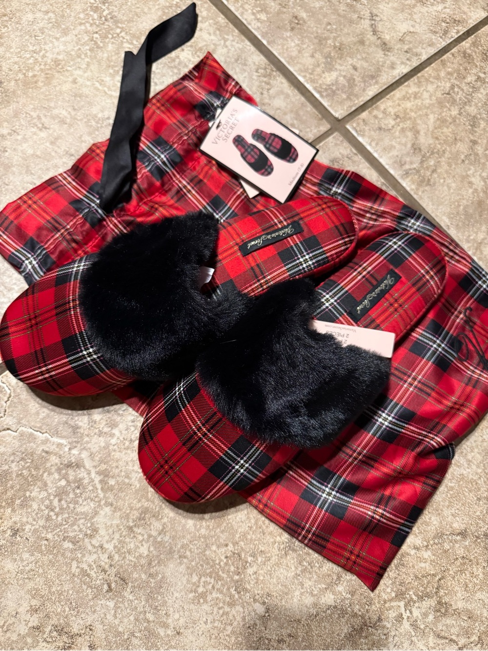 Victoria's Secret Red and Black Plaid Slippers with Black Faux Fur